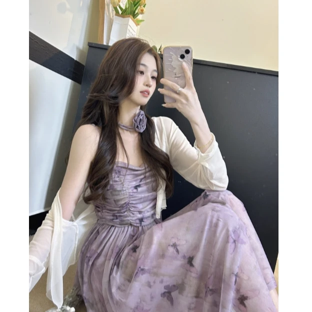 温柔风套装女夏季甜辣蕾丝花边吊带背心超仙长裙白色半身裙两件套