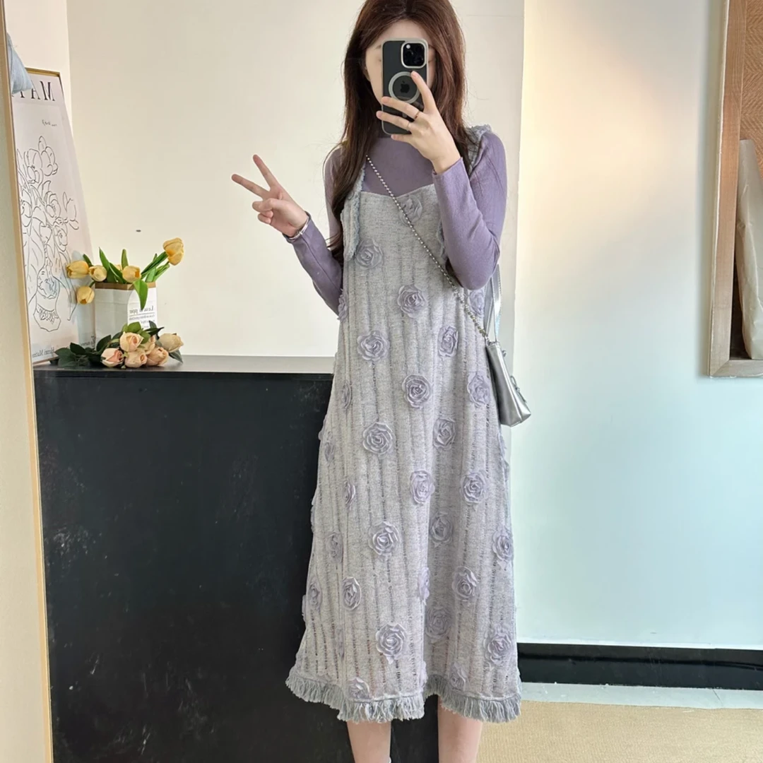 法式甜美风套装女宽松衬衫立体花朵背带连衣裙两件套秋季新款女装