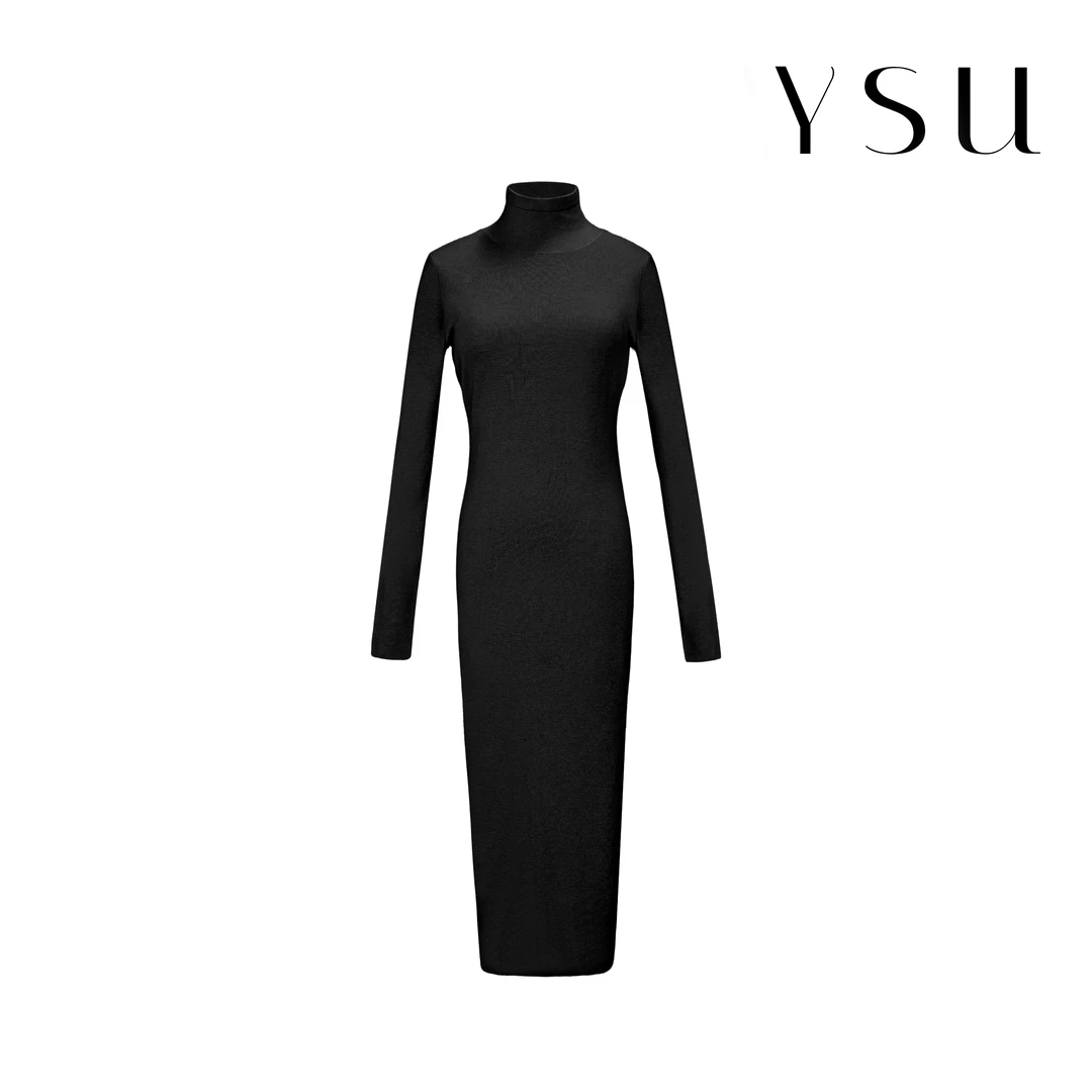 YSU【余书】百搭修身显瘦包臀长袖过膝气质高领针织连衣裙L800155