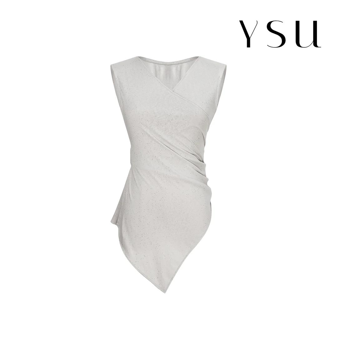 YSU【余书】轻熟风交叉V领设计不规则褶皱收腰细闪无袖上衣Y370189