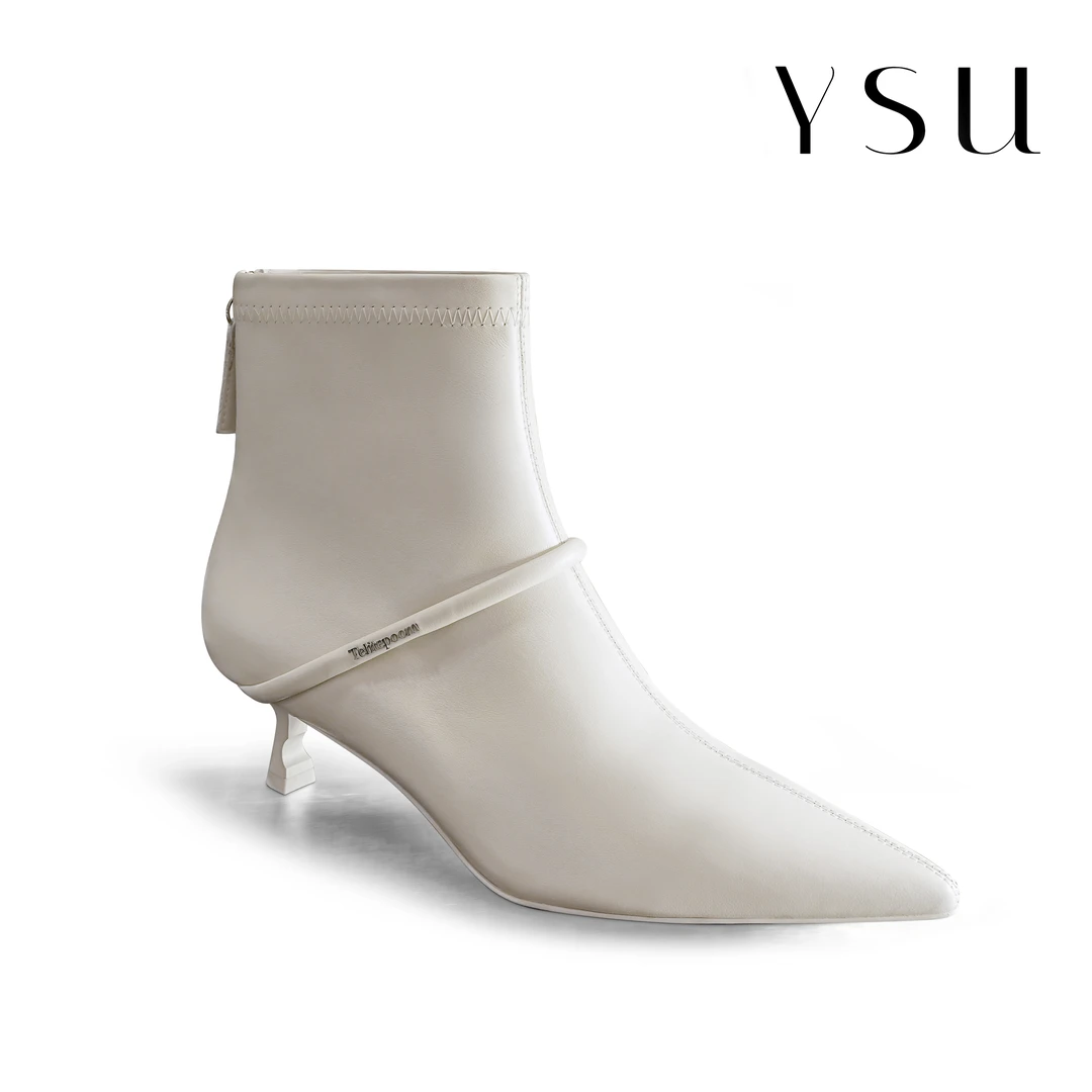 YSU【余书】冬季百搭轻奢白色简约细跟气质短靴尖头瘦瘦靴3910-9