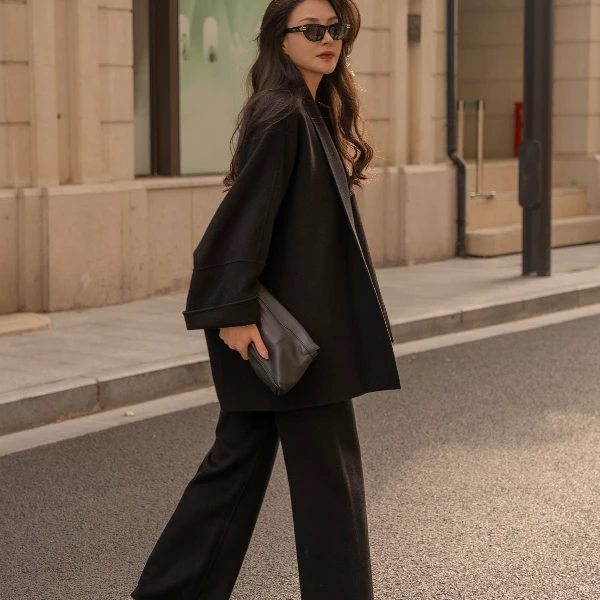 YSU【余书】静奢风双面呢休闲简约设计感纯色百搭披肩外套Y303869