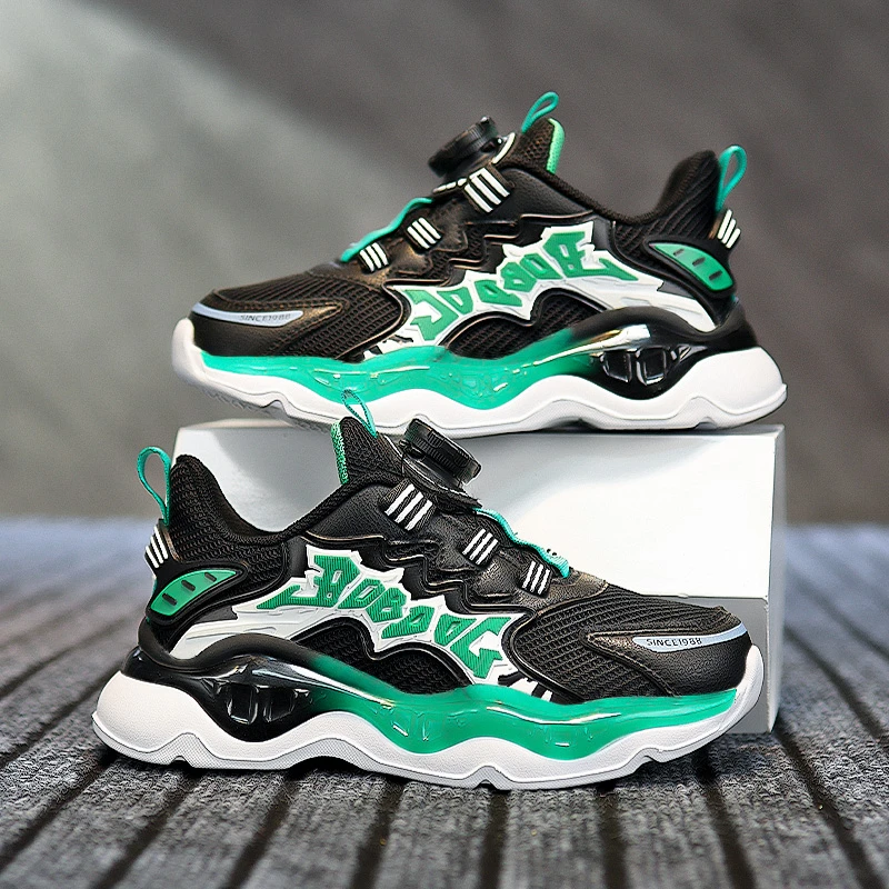 巴布豆男童鞋旋转纽扣儿童运动鞋秋季新款网面透气轻便跑鞋女童鞋