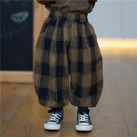 2023男童格子裤儿童裤子女童宝宝小童灯笼裤束脚长裤秋冬