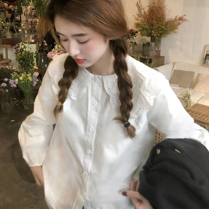 2白色娃娃领衬衫女秋季新款小个子设计感长袖打底上衣娃娃领衬衫