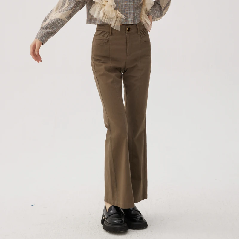 谜底喇叭裤女士秋新品复古风高腰百搭特色修身长裤243MK1106