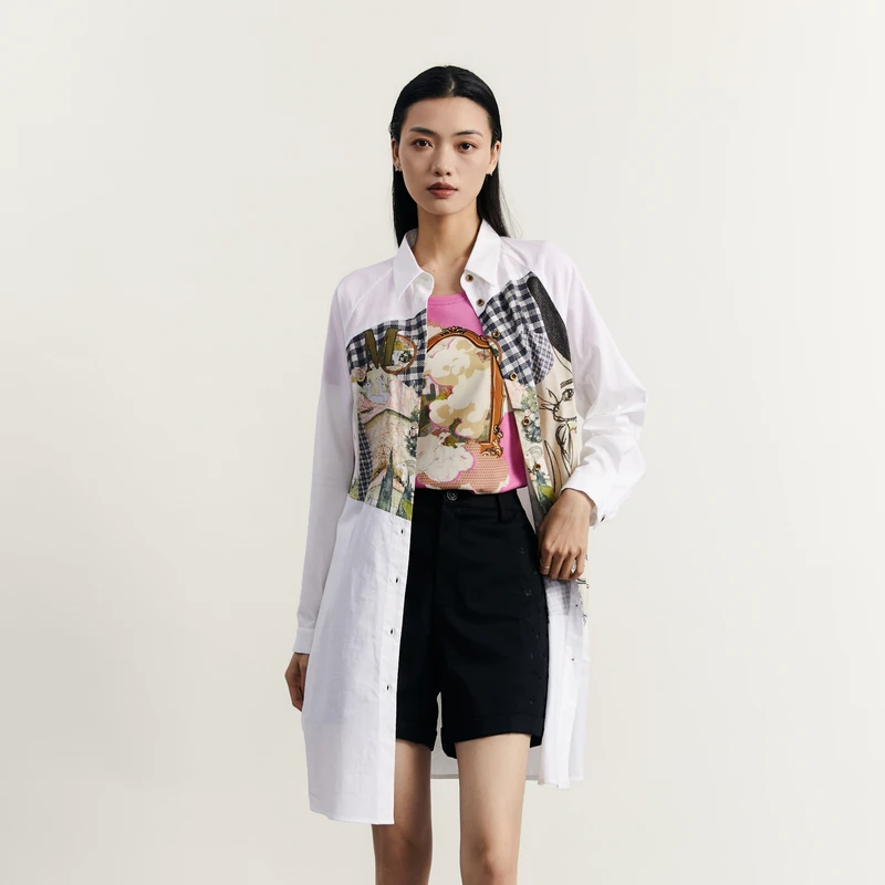 谜底宽松拼接连衣裙长袖秋新款复古文艺印花中长裙233ML1107