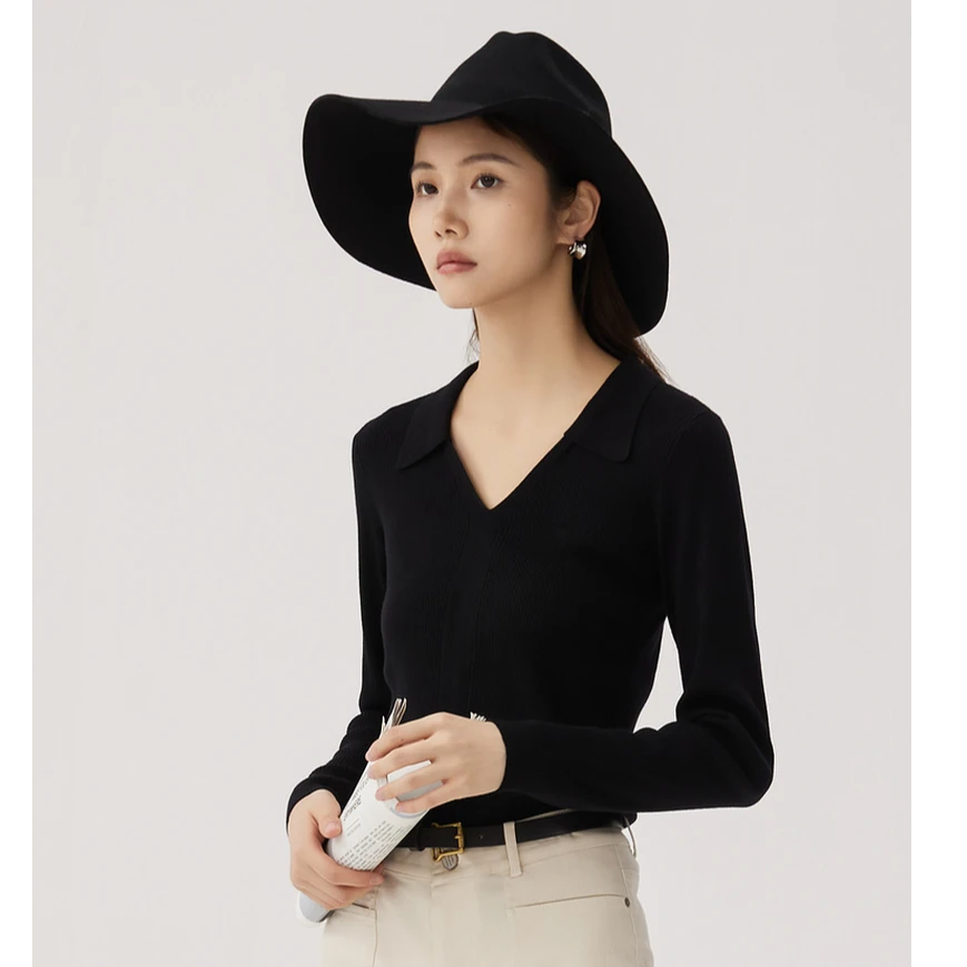 谜底套头针织衫长袖女士秋季新品极简风V领修身毛衣243MZ1275