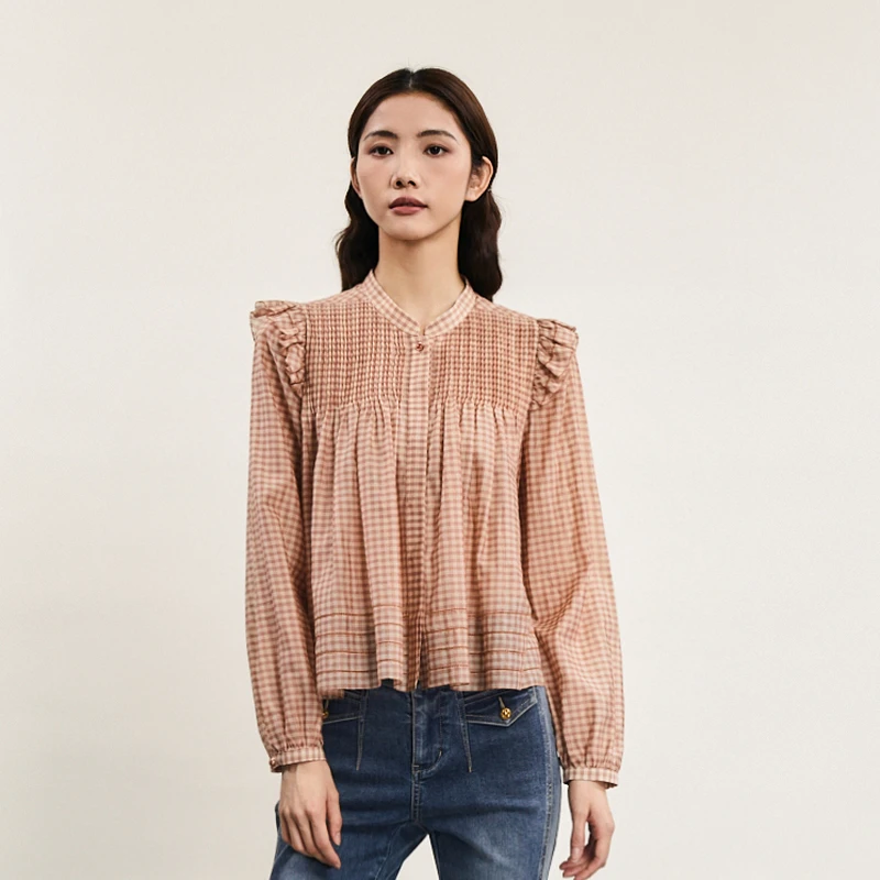 谜底格子衬衫长袖女春款复古特色宽松圆领亲肤衬衣241MS0082