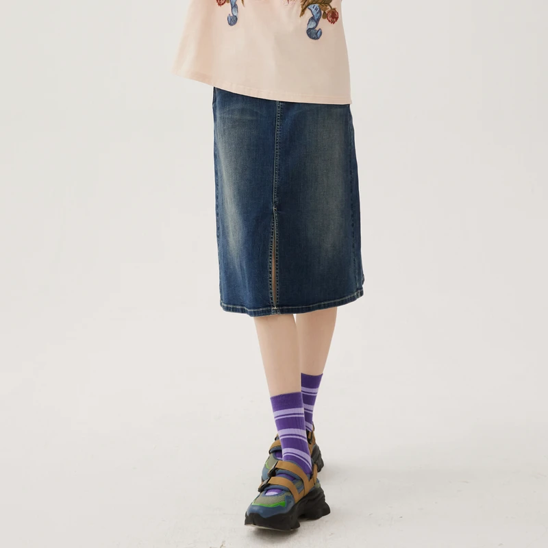 谜底牛仔半身裙秋新品复古高腰百搭都市休闲中长裙243MB1002