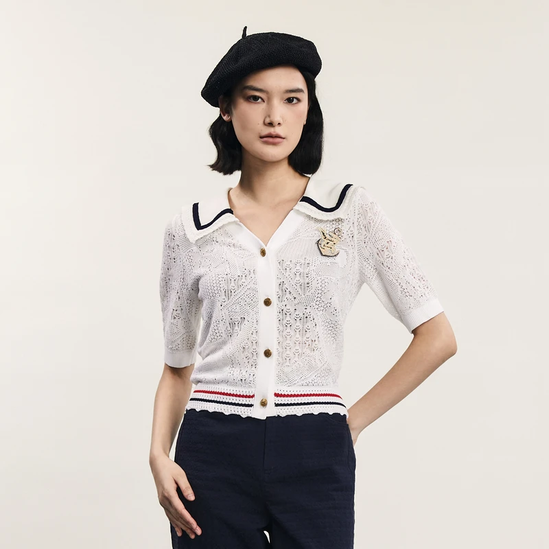 谜底针织开衫短袖女夏季新品复古海军领提花上衣242MZ0886