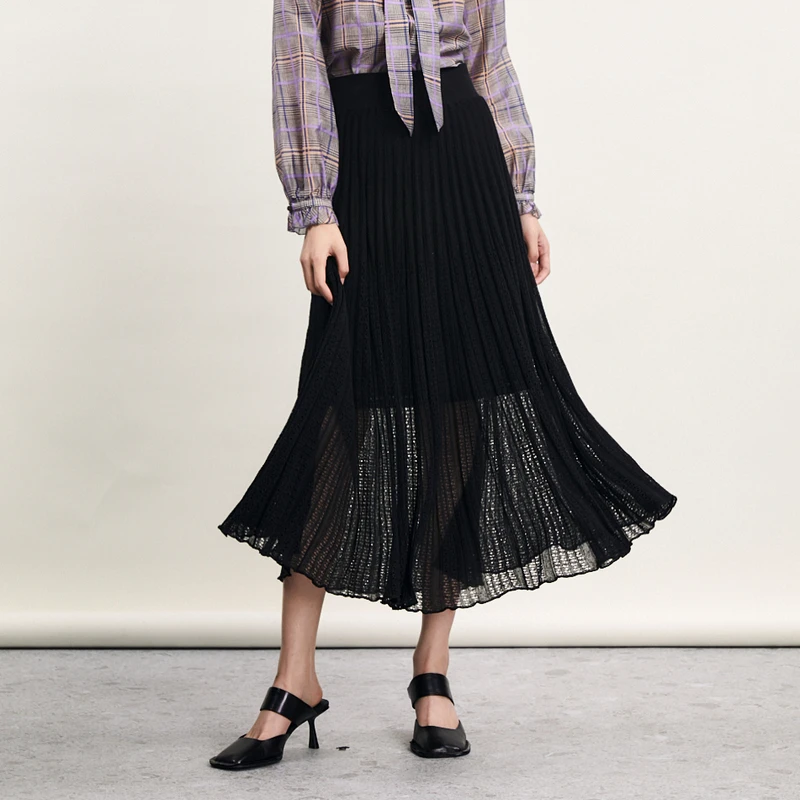 谜底针织半身裙2024春季新款时尚百搭修身百褶毛织长裙241MZ0339