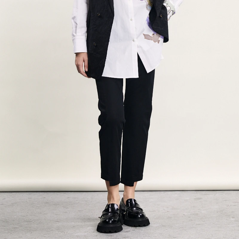 谜底黑色休闲裤女2024春季新款简约修身百搭九分烟管裤241MK0096