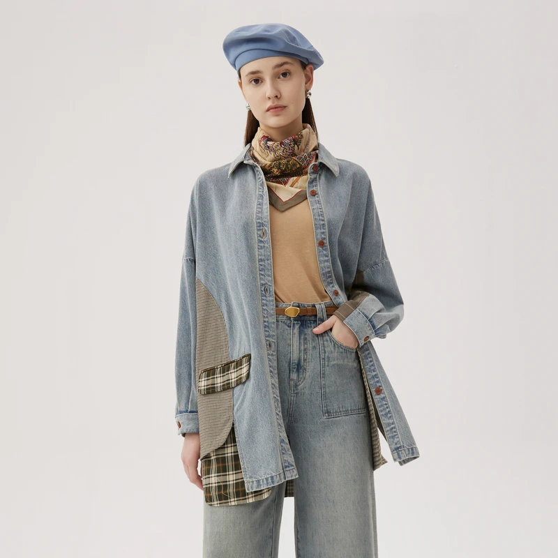 谜底衬衫式牛仔风衣女秋新品复古风拼接中长款外套243ME1141