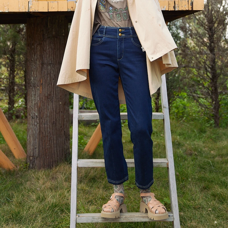 谜底棉弹牛仔裤女2024春新款复古高腰两粒扣百搭铅笔裤241MK0009