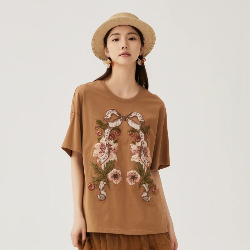 谜底大廓形T恤短袖女秋新品复古贴布绣宽松上衣243MT0957