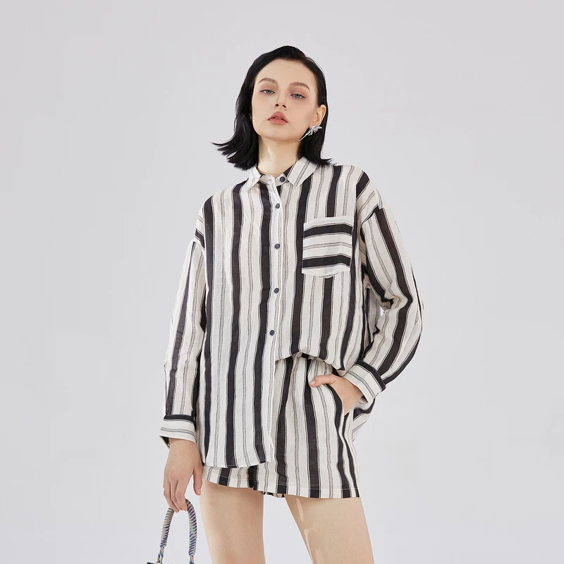 谜底衬衣套装女秋新款时尚条纹分袖衬衫+直筒短裤233MTZ0012