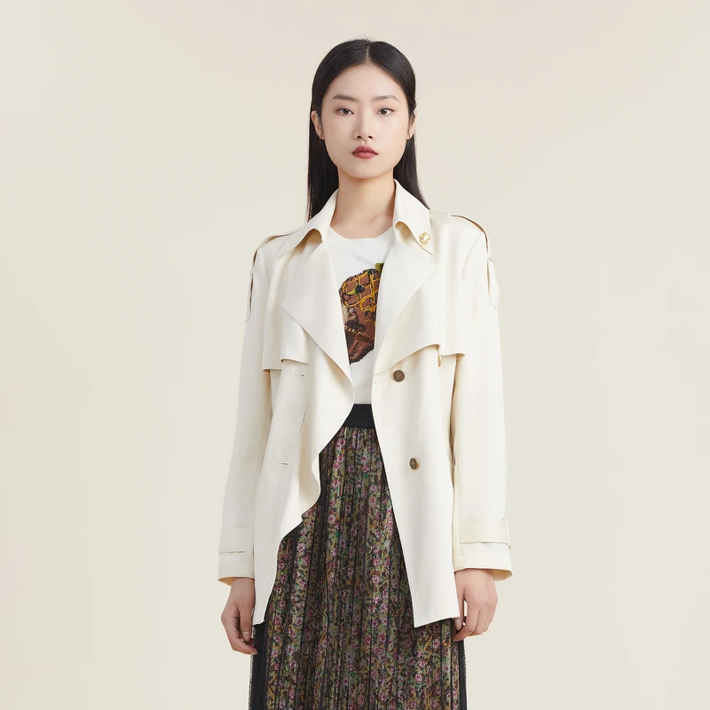 【天丝系列】谜底秋荷叶边中长款风衣外套女配胸针223ME1082