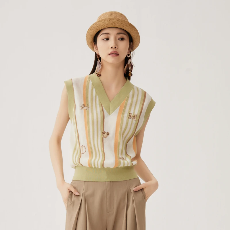 谜底针织马甲女秋新品文艺风彩条V领套头针织衫毛衫243MZ1260