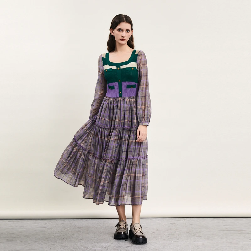 谜底针织拼接连衣裙长袖春新款复古田园风格子长裙241ML0114