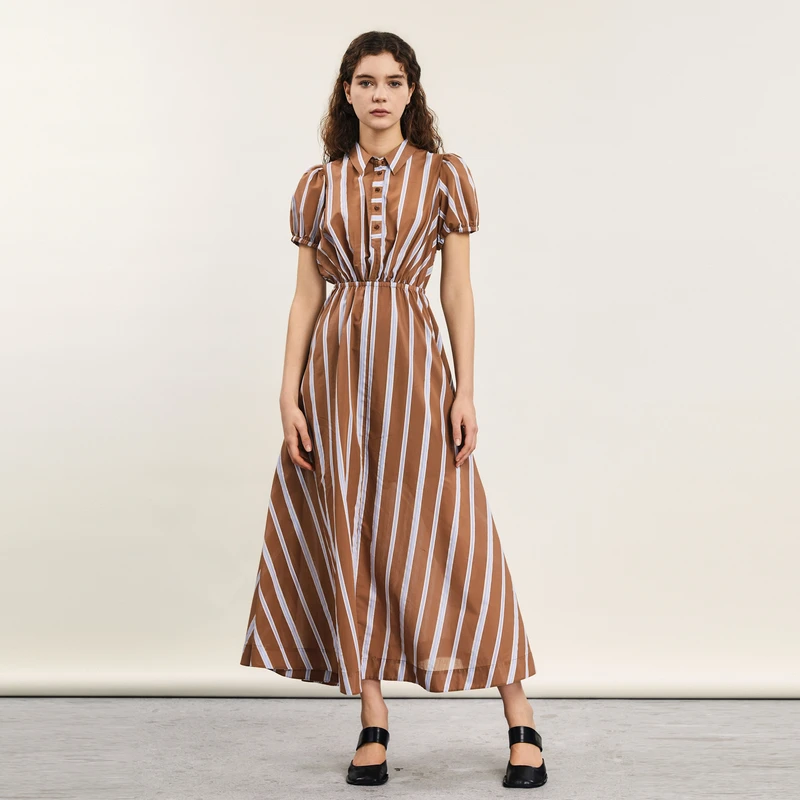 谜底条纹连衣裙短袖女2024年夏季新品复古风修身长裙子242ML0628