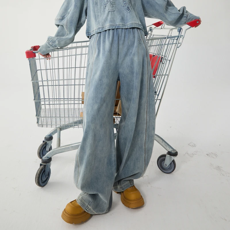 谜底阔腿裤女冬新品复古风水洗弹力牛仔松弛感长裤244MK1555