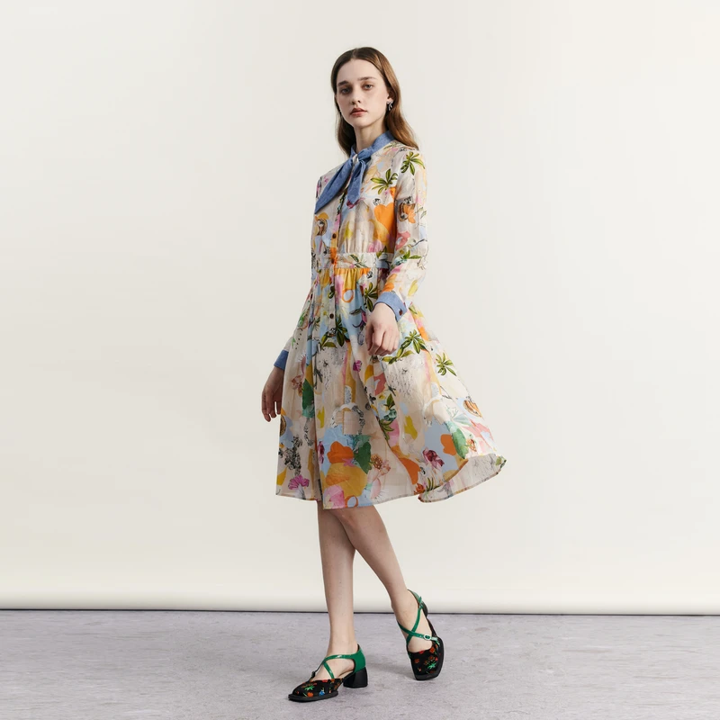 谜底花色连衣裙新款复古文艺特色拼接中长裙长袖233ML1154