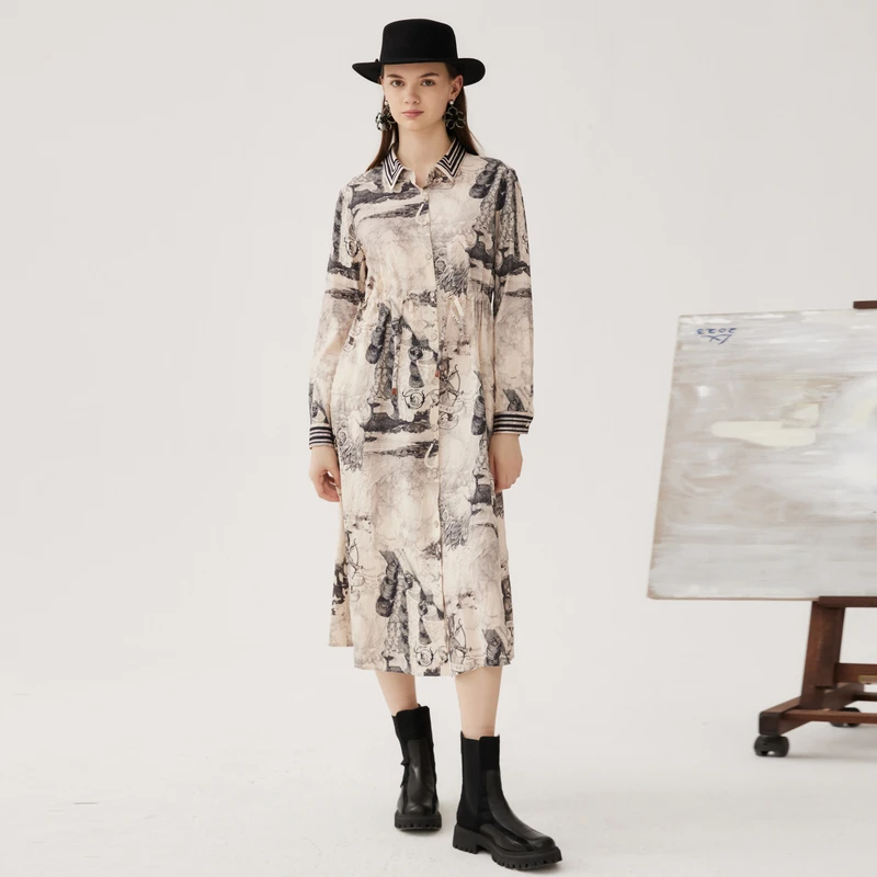 谜底印花连衣裙长袖秋季新品复古文艺风衬衫式长裙243ML1131