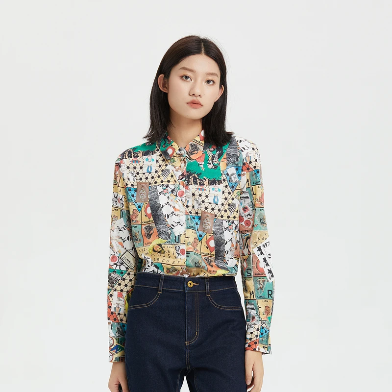 谜底花色衬衫长袖女2023秋季新款抽象印花纯棉宽松衬衣239MC7123