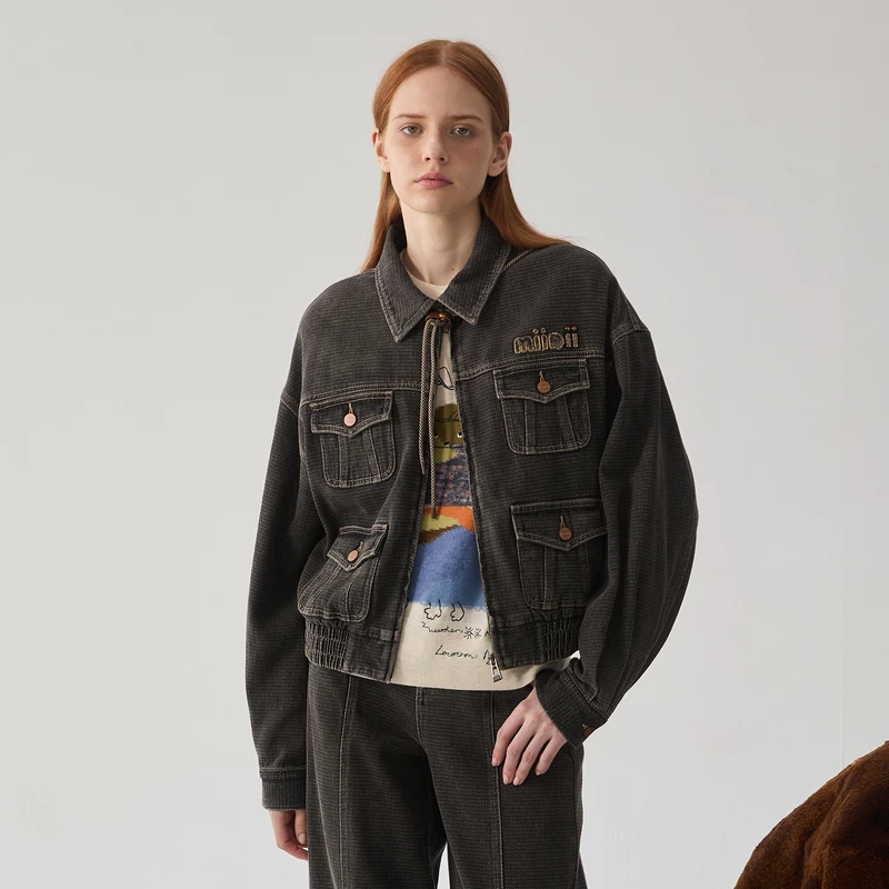 谜底牛仔外套女冬款复古风短款宽松多口袋夹克外套244MW1524