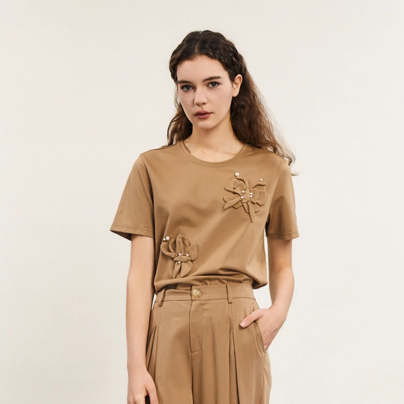 谜底宽松T恤短袖女春季新款学院风立体绣花圆领上衣241MT0135