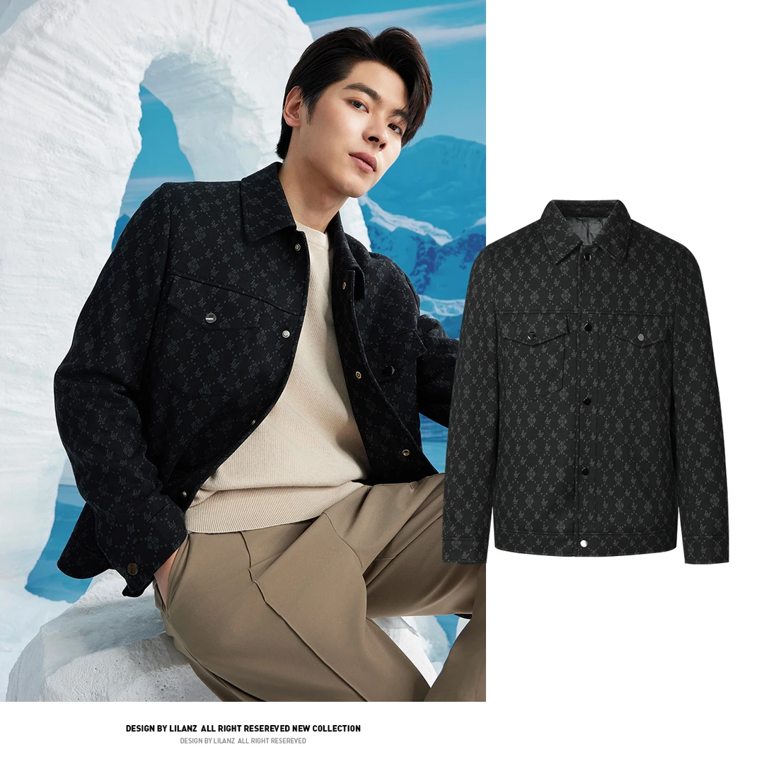 【绵羊毛羽绒】利郎时尚翻领男士毛呢夹克外套印花加厚休闲短款冬季