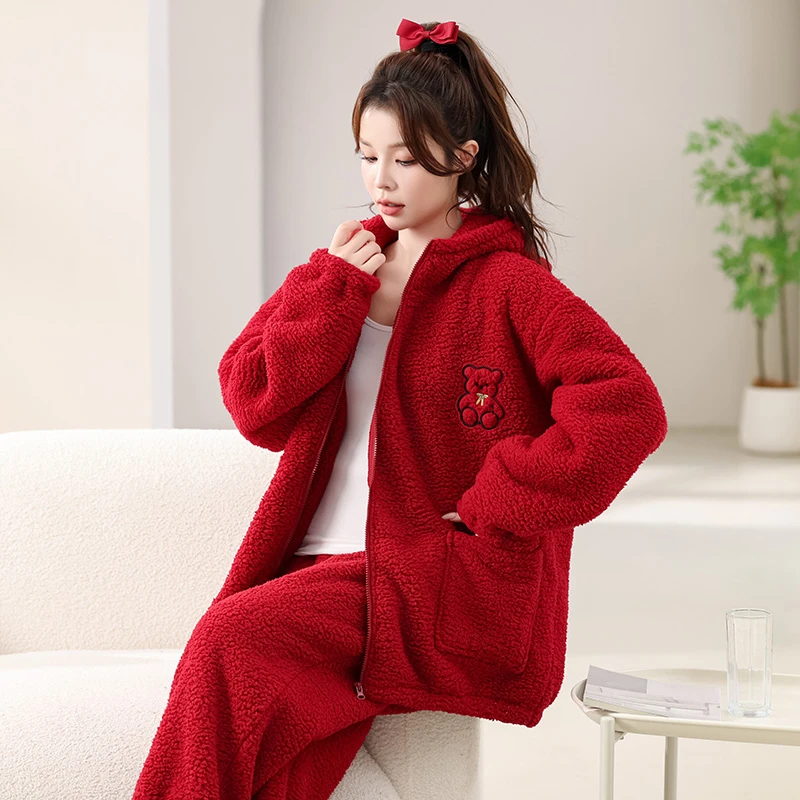 冬季大码羊羔绒睡衣女保暖套装情侣款加绒胖mm200斤孕妈妈家居服