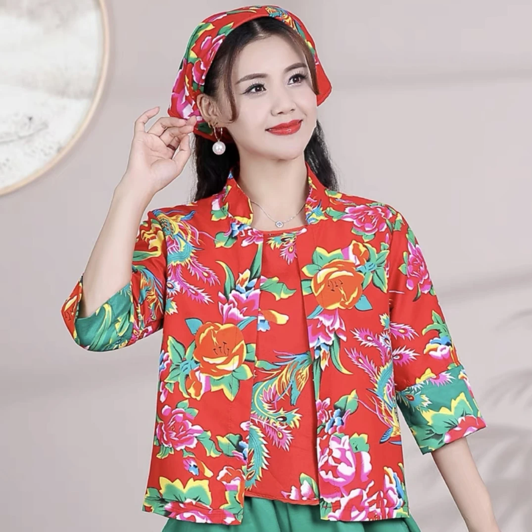 东北大花布跳舞服二人转演出服秧歌打鼓队服套装甩甩裤两件套衬衫