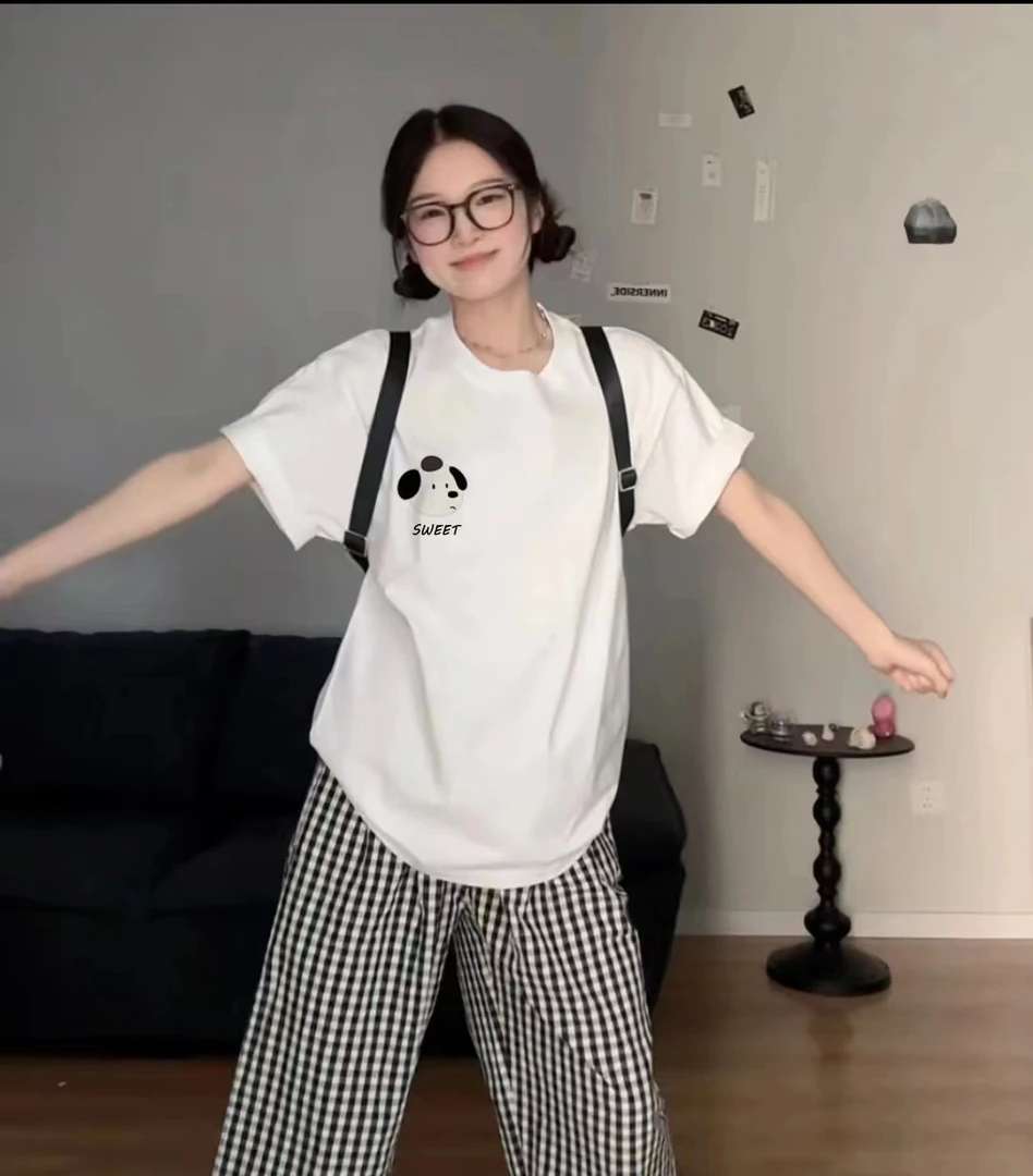 设计感小狗落肩T恤夏季Oversize精梳棉时尚印花春夏宽松圆领230g