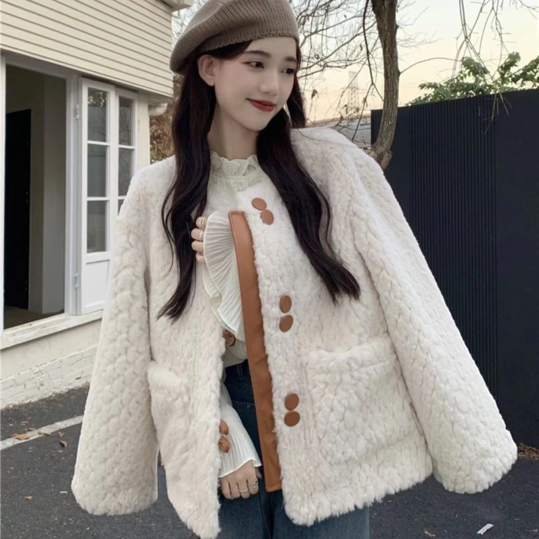 (爱心）韩系甜美加厚毛呢拼接毛外套女皮毛一体宽松1986
