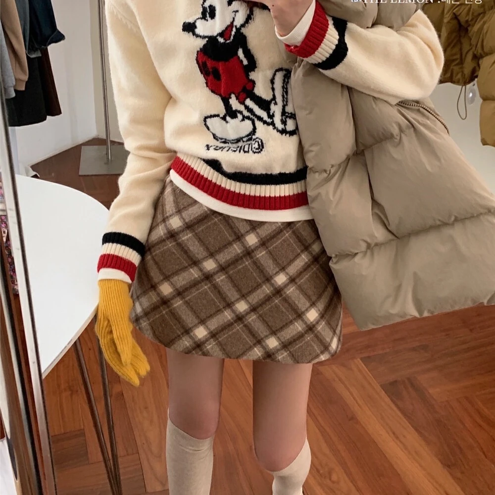 冬季小个子高腰复古格子撞色毛呢半身裙女包臀裙红色长袖a字裙子1