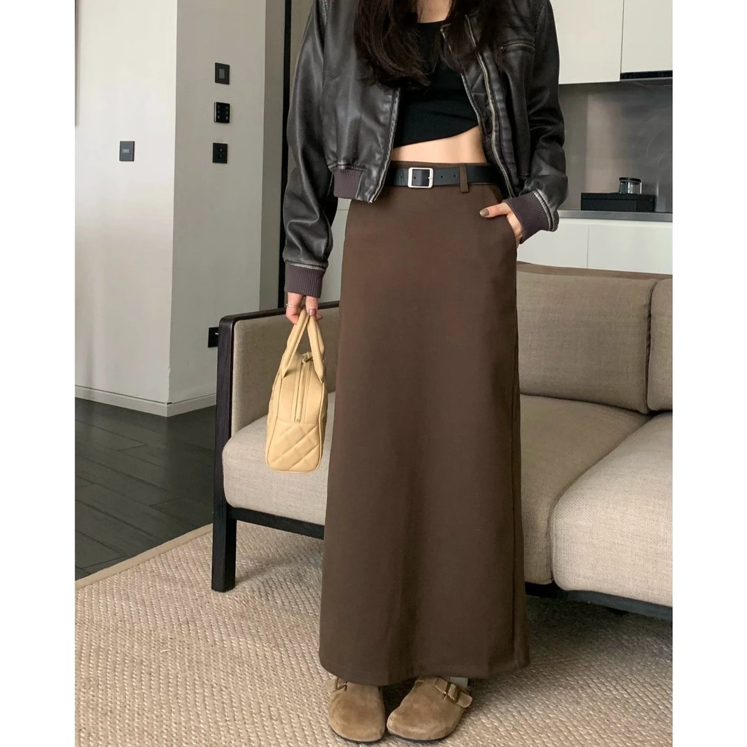 配腰带咖色毛呢长裙女秋冬百搭气质半身裙高腰中长款a字裙子1显瘦