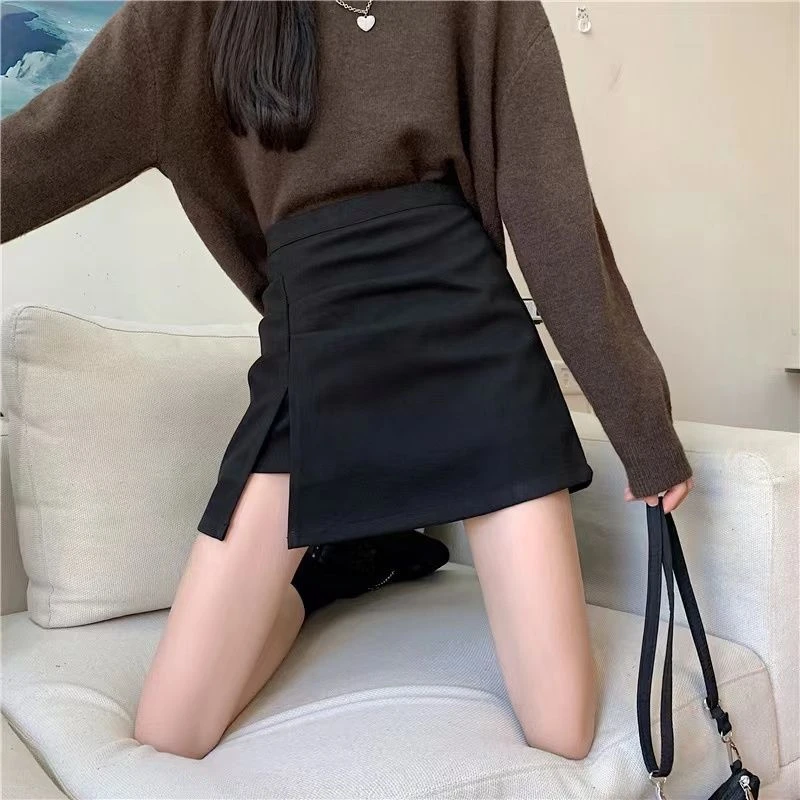 褶皱毛呢半身裙女2025秋冬新款高腰显瘦a字裙不规则开叉包臀短裙