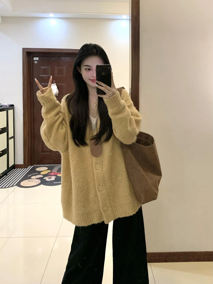 韩剧时尚两件套女秋冬季慵懒风宽松毛衣开衫高腰阔腿裤减龄两件套