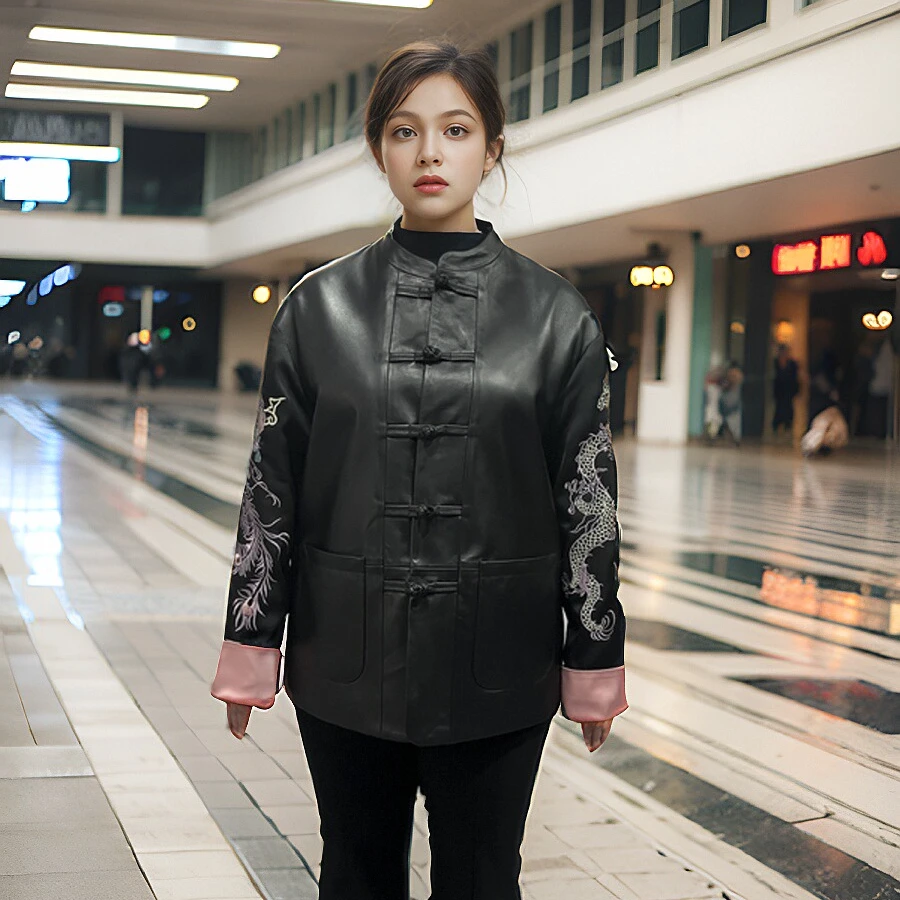 皮衣女外套头层真皮皮衣中国风立领刺绣大码220斤时尚休闲百搭