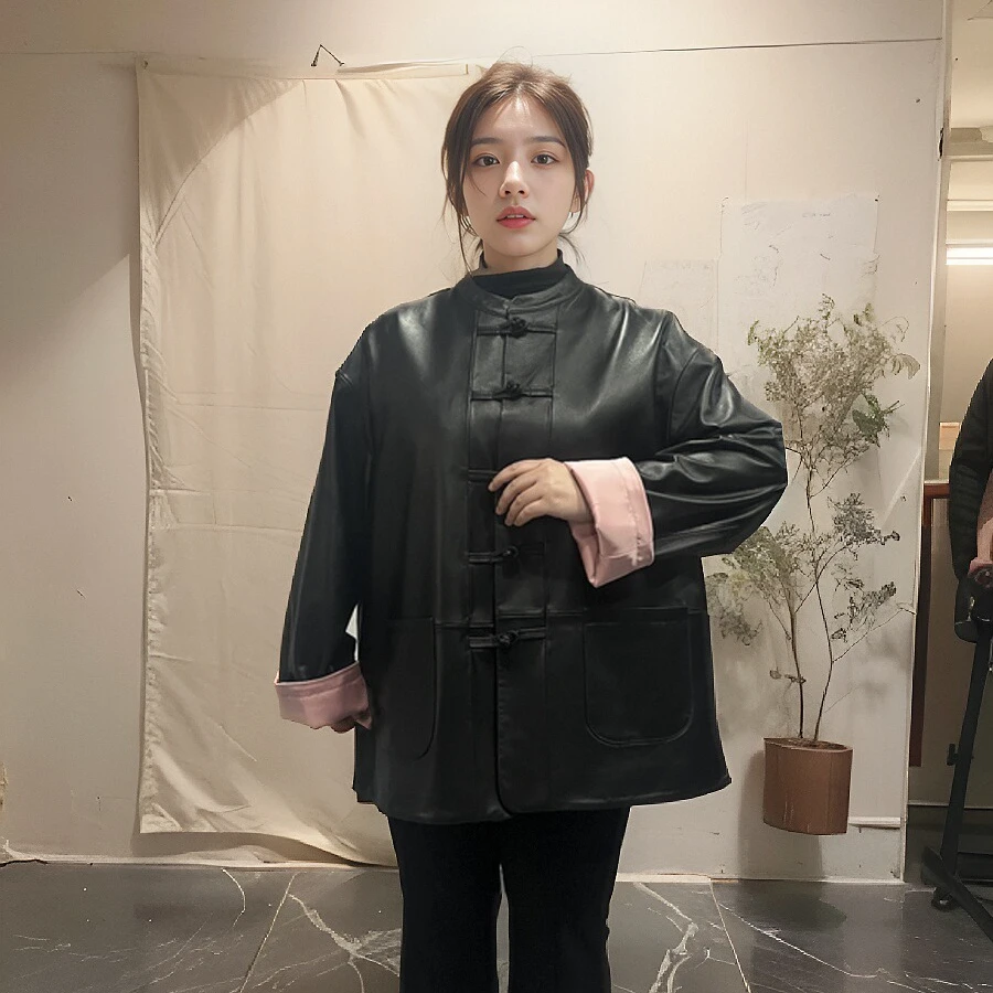 皮衣女外套头层真皮黑色国风明星同款立领盘扣时尚休闲百搭大码