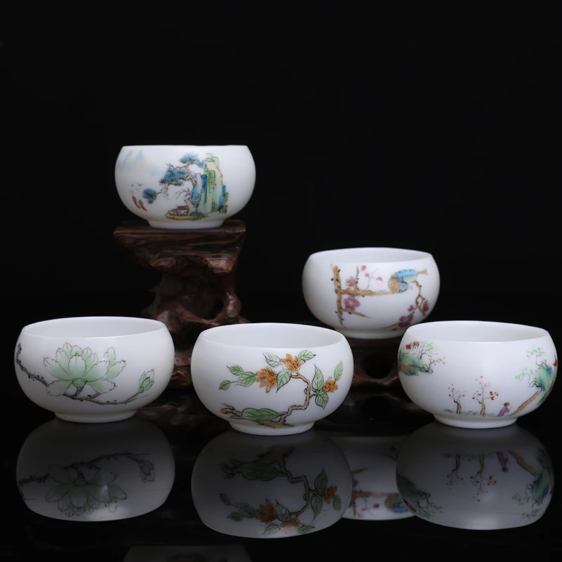 手绘茶杯主人杯单杯羊脂玉白瓷山水品茗杯功夫茶具个人杯组日式