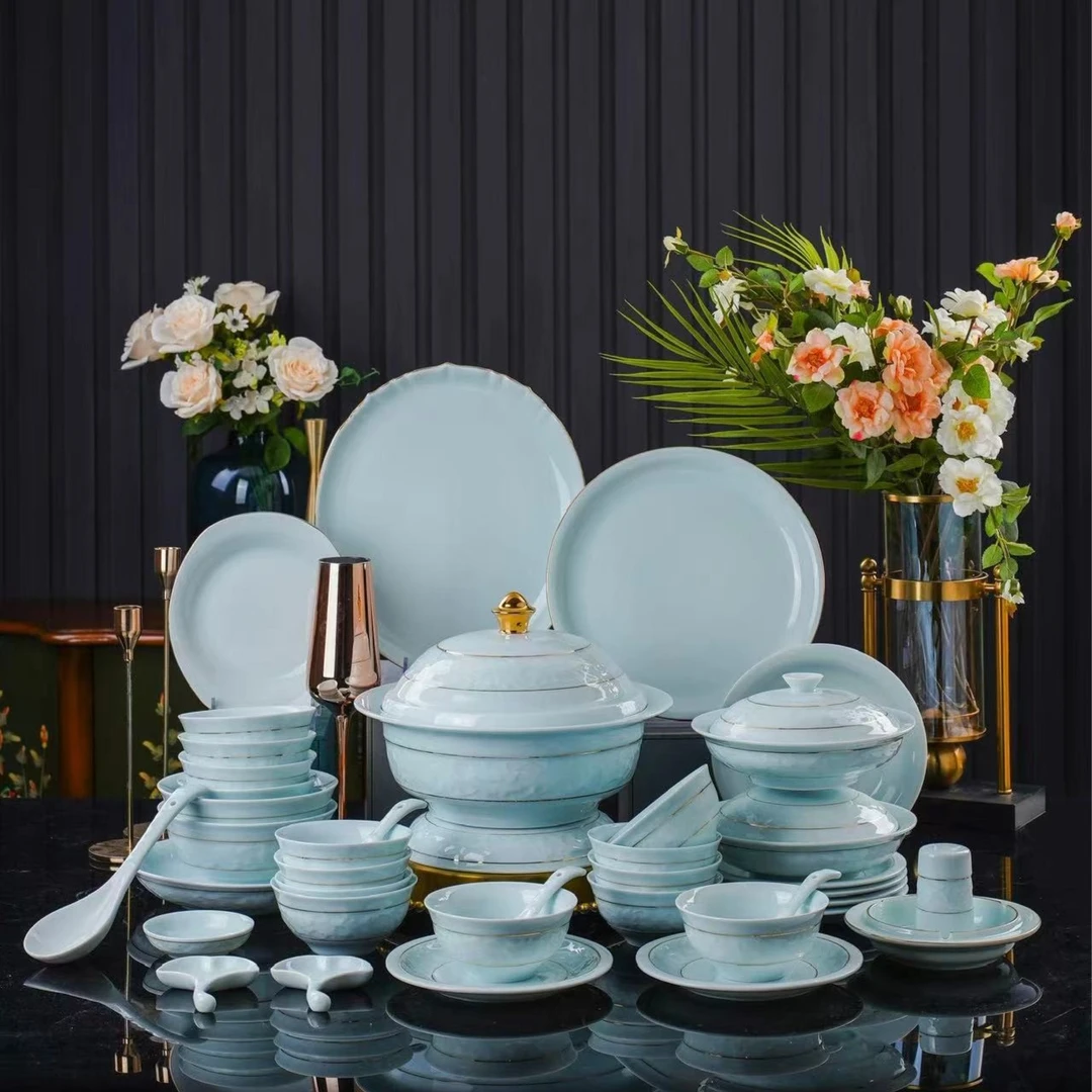 景德镇高白泥高白釉豪华套餐餐具青瓷《缠枝莲》42头中式风格