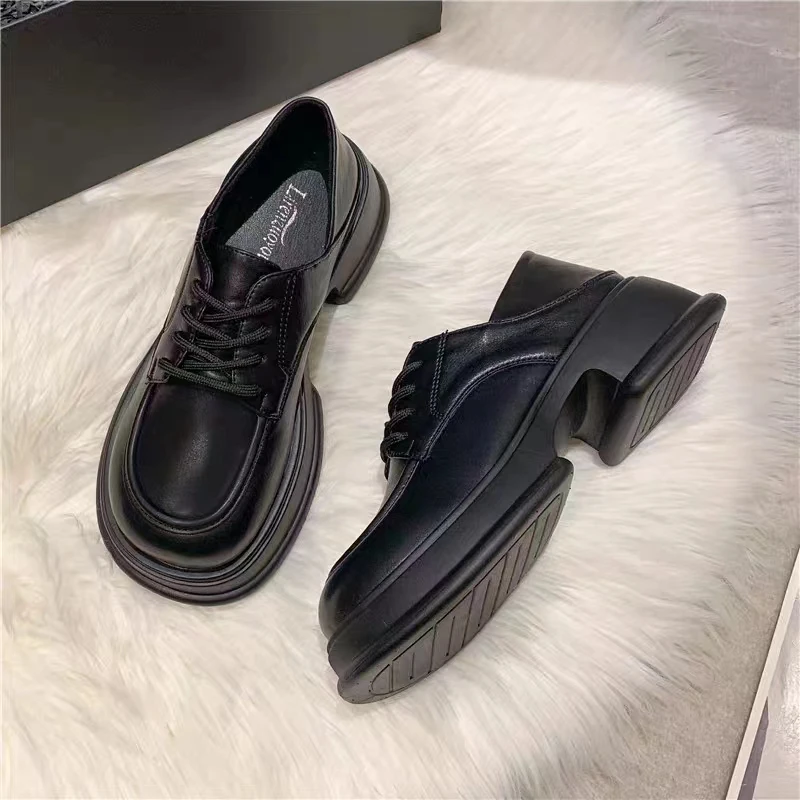 软皮小皮鞋2023春季新款单鞋7801-2英伦风黑色圆头厚底系带乐福鞋