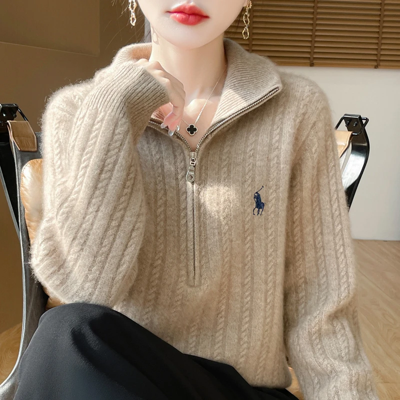 100%羊毛女秋冬加厚翻领半拉链刺绣小麻花羊毛衫时尚宽松保暖毛衣