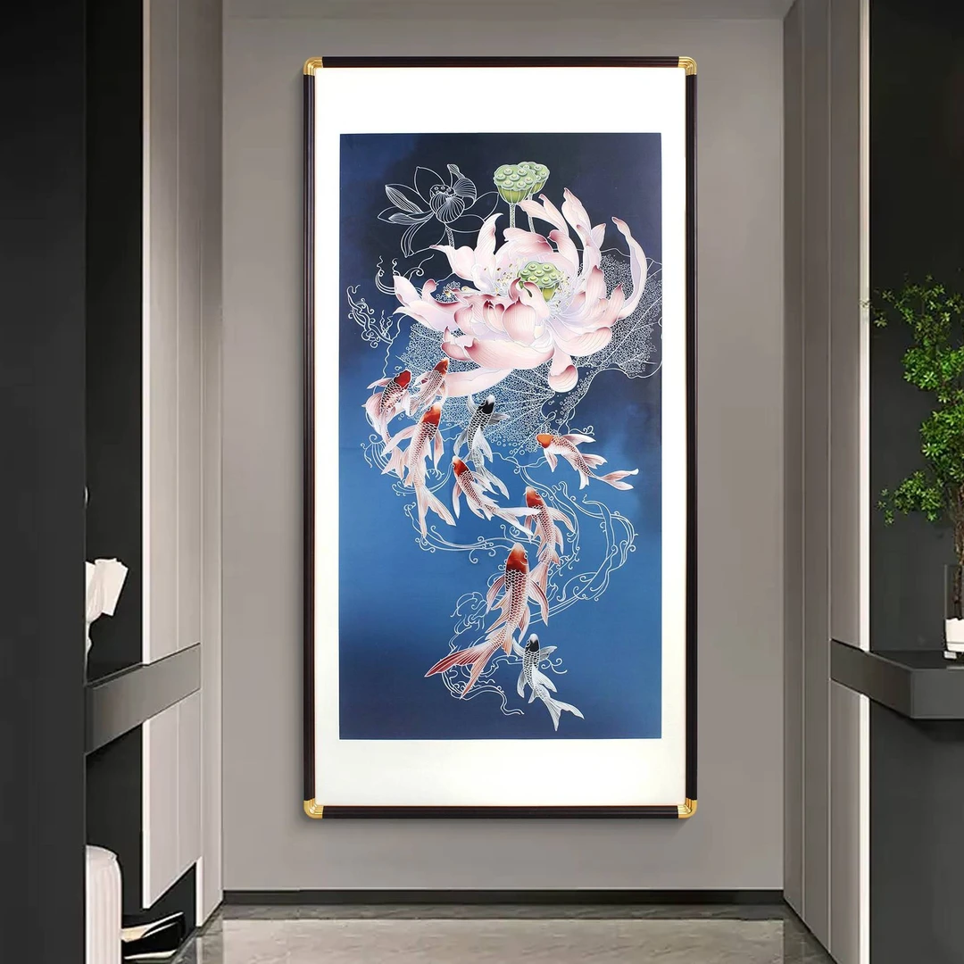 玄关荷花九鱼图风水招财装饰画进门入户走廊过道挂画