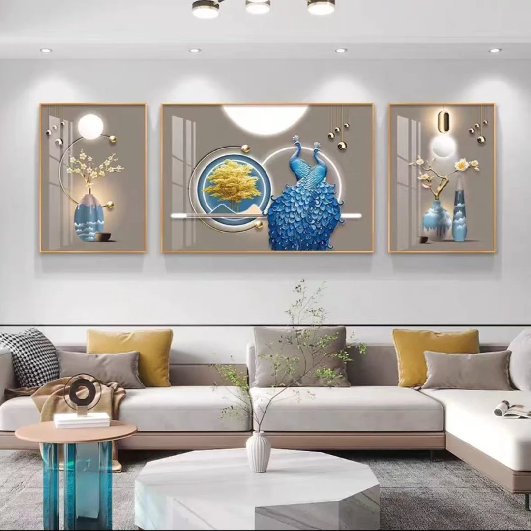 轻奢客厅装饰画吉祥孔雀现代沙发背景墙挂画新款三联画晶瓷画简约