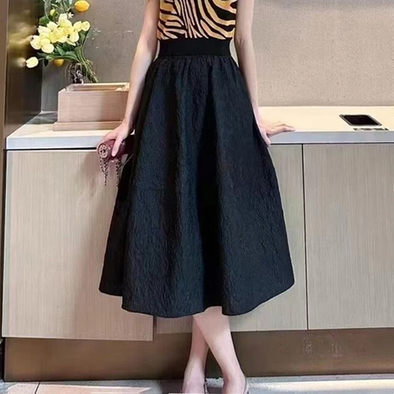 【GIRID AMSS】新款米白色提花泡泡裙松紧腰水波纹显瘦半身裙