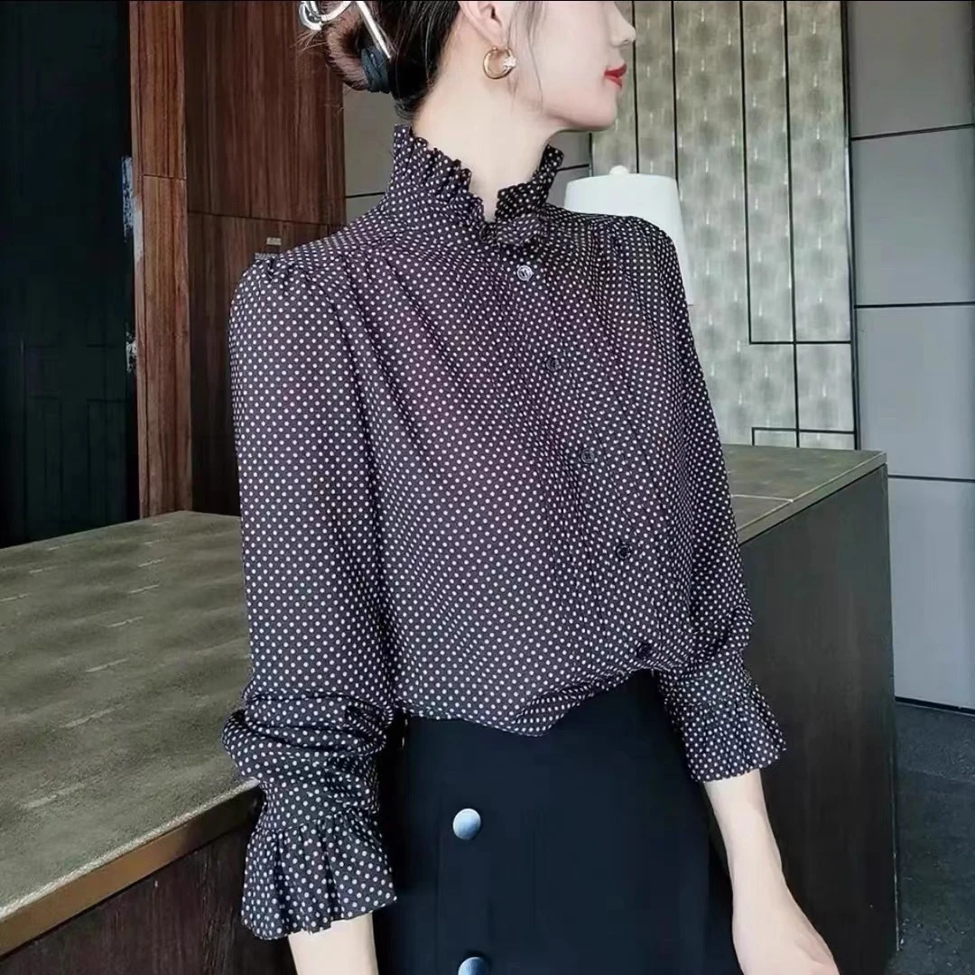 【商场同款】2024夏季新款气质荷叶边立领波点雪纺喇叭长袖衬衫上衣